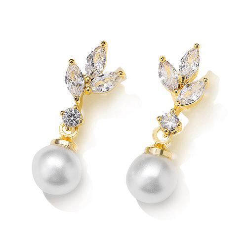 RAKOL Korean-style Fashion Minimalist Pearl Earrings for Women, Cross-border Classic Copper-inlaid Horse Eye Zirconium Leaf Earrings