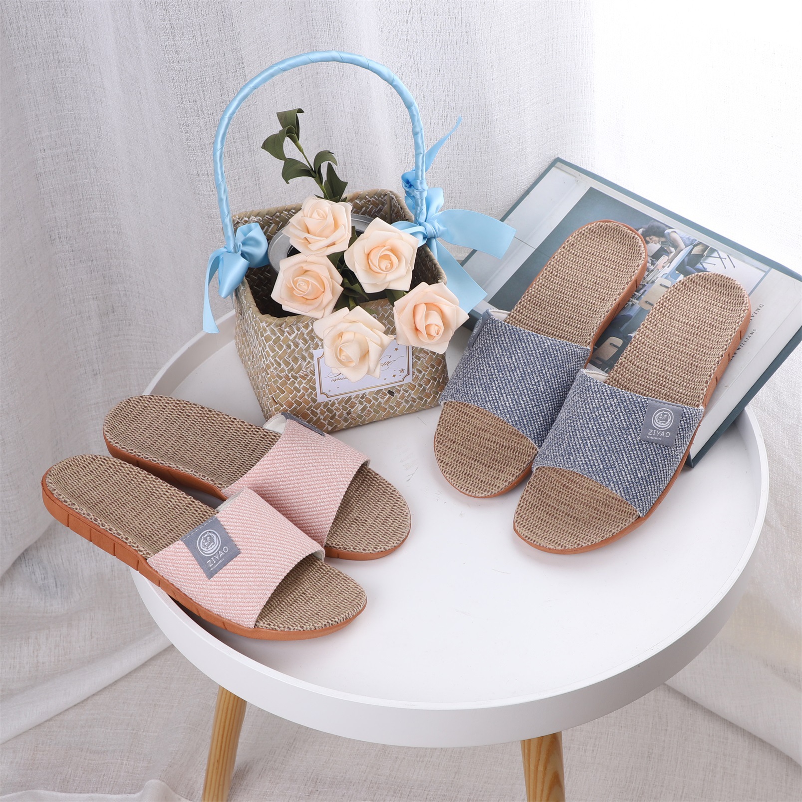 Linen slippers female summer home interior Japanese-style spring air conditioning non-slip floor thick out four seasons 2020 new