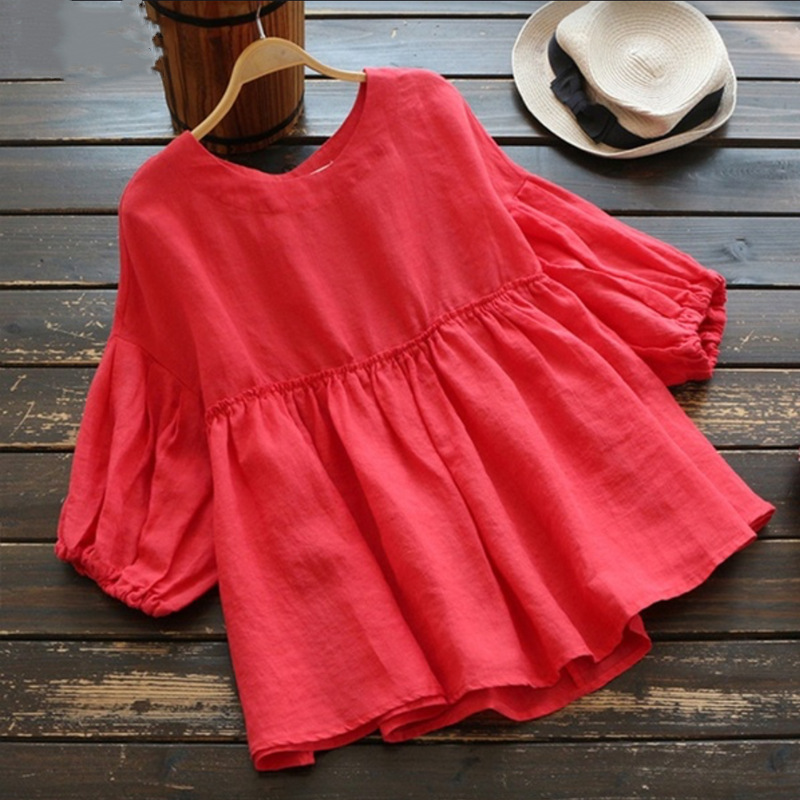 ebay Amazon wish New Hot-selling Plus Size Women's Pure Color Japanese Style Three-quarter-sleeved Babydoll Top