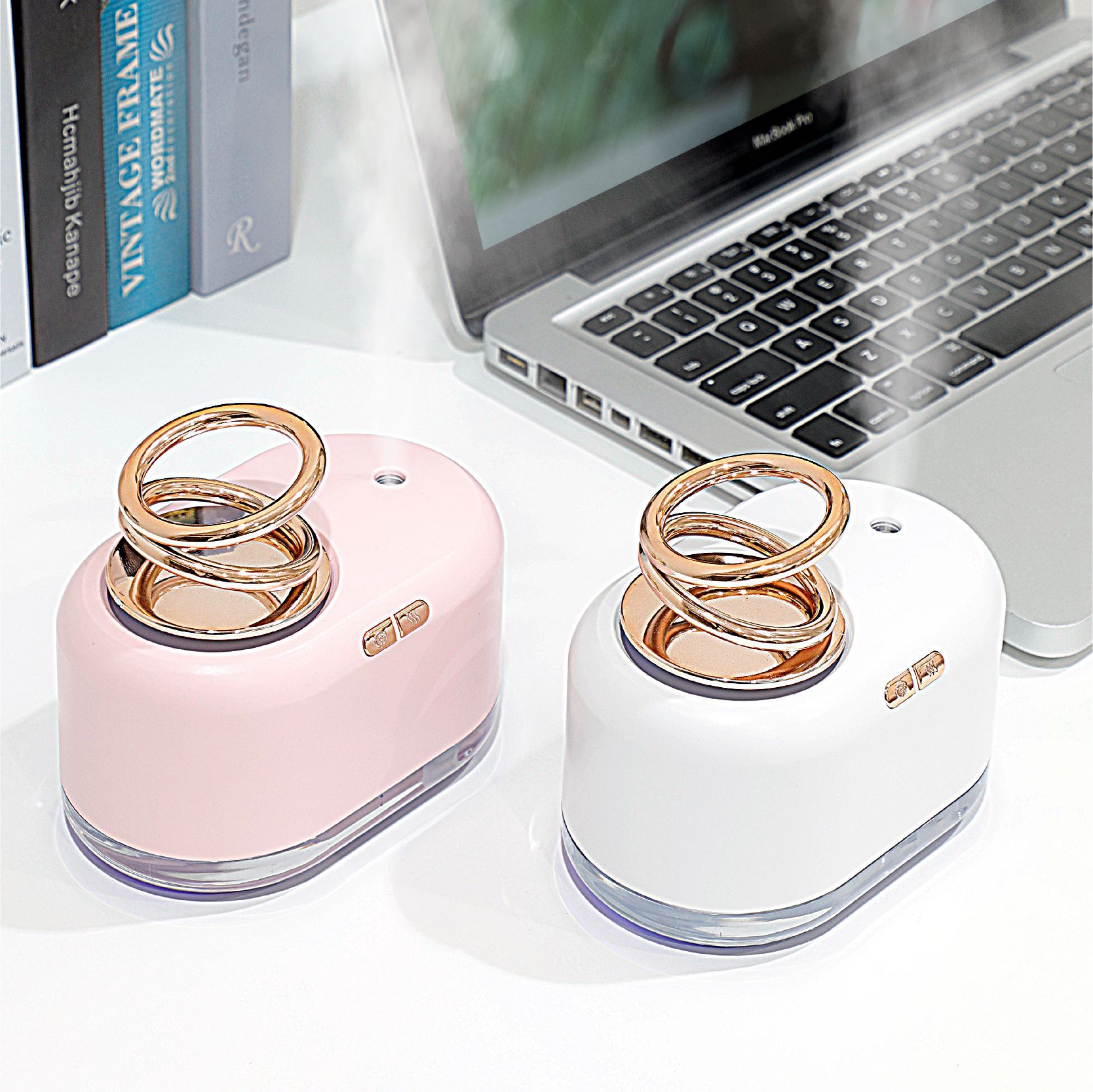 (2개) 새로운 창조적 인 서스펜션 더블 링 가습기 데스크탑 아로마 테라피 USB 가습기 7 색 다채로운 가습기
