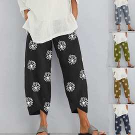2020 外贸跨境女装时尚宽松蒲公英印花弹性腰围口袋裤 8843