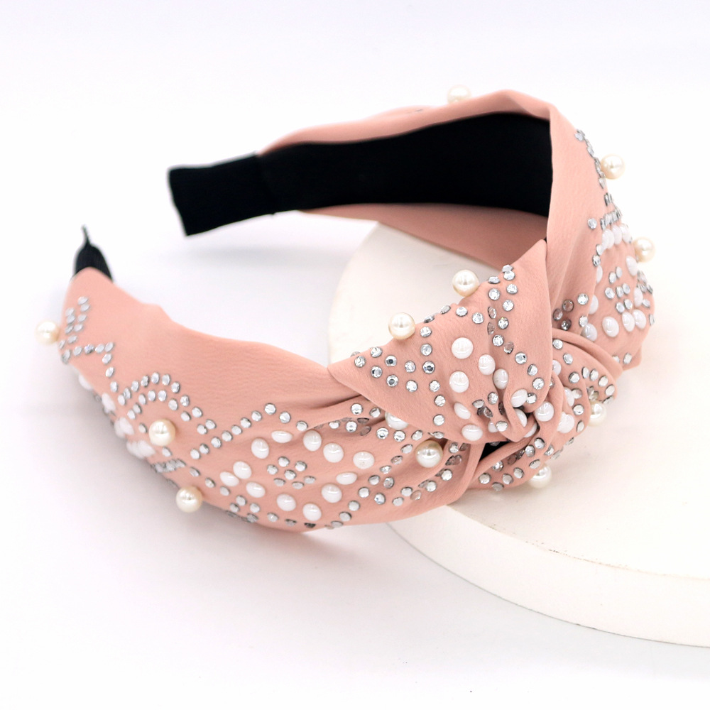 Hot Sale Satin Cloth Knotted Beaded Pearl Plastic Diamond Six-color Hair Accessories Fashion Headband display picture 3