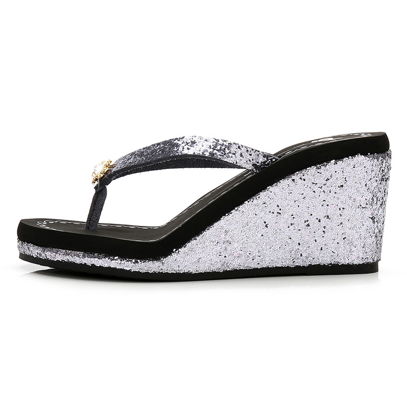Women's Casual Solid Color Sequins Rhinestone T-Strap Flip Flops display picture 7