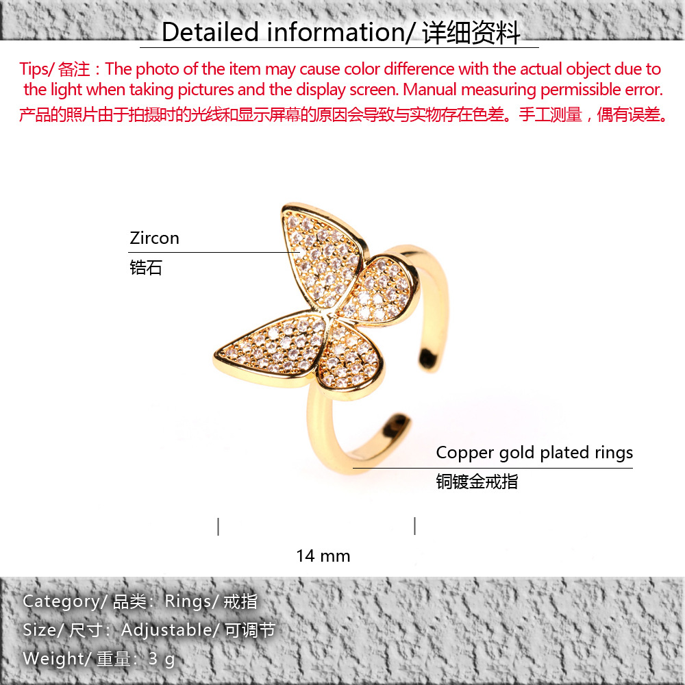 Zircon Open Butterfly Ring Fashion New Open Index Finger Ring Wholesale Nihaojewelry display picture 1