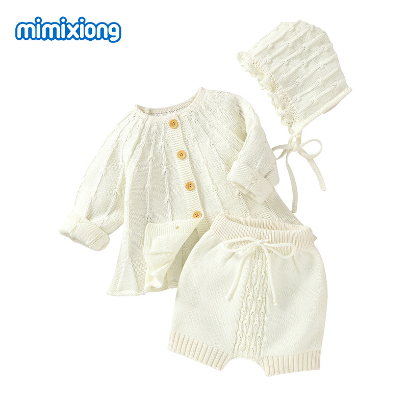 ins热卖款女宝宝套装纯色开衫外套+松紧PP裤+可爱宫廷帽子三件套