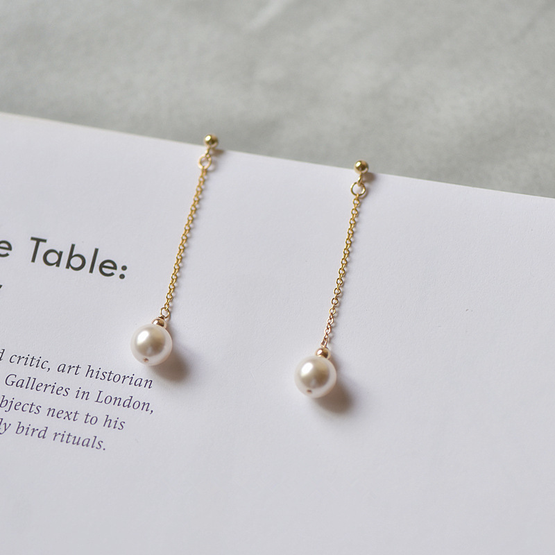 風在吹 簡約氣質百搭14K包金瘦臉長款韓國冷淡風純銀珍珠耳環耳夾