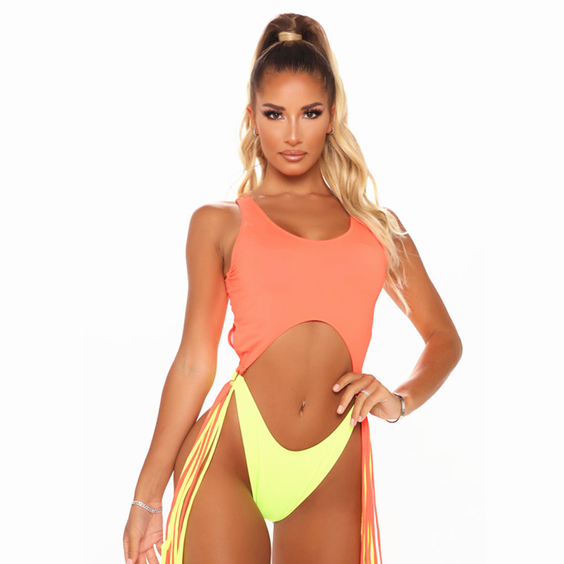 Pengxiang 2021 New One-piece Swimsuit European and American Swimsuit One-piece Contrast Color Tassel Sexy One-piece Swimsuit 2111-1
