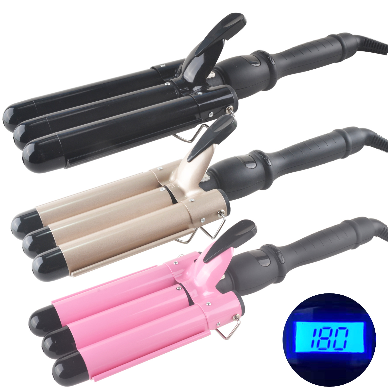 LCDThree-tube Curling Iron Three-rod Hair Curling Iron Water Ripple Hair Salon Egg Roll Electric Splint Hair Iron