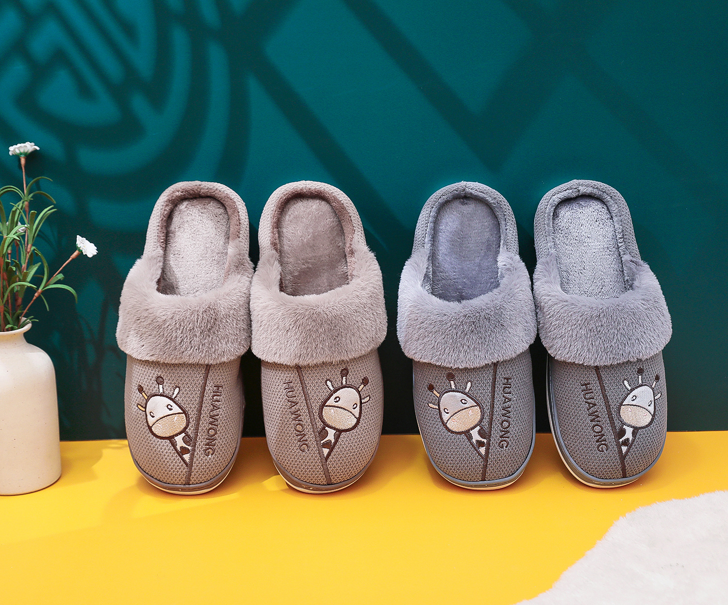 冬季新款保暖加厚牛筋底毛绒棉拖防滑卡通可爱室内红色女士居家鞋|ru