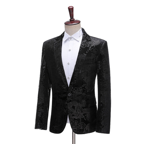 men's jazz dance suit blazers Men Velvet black background printed stage costume single suit top man singer suit studio