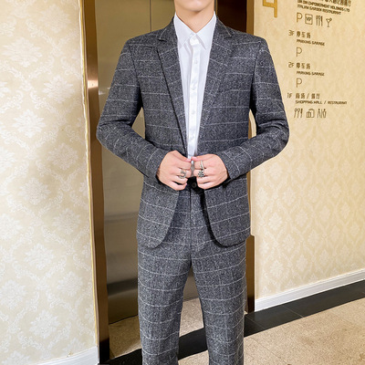 西装领加厚款灰色后中开衩纽扣装饰棉休闲现货修身型春秋季西服