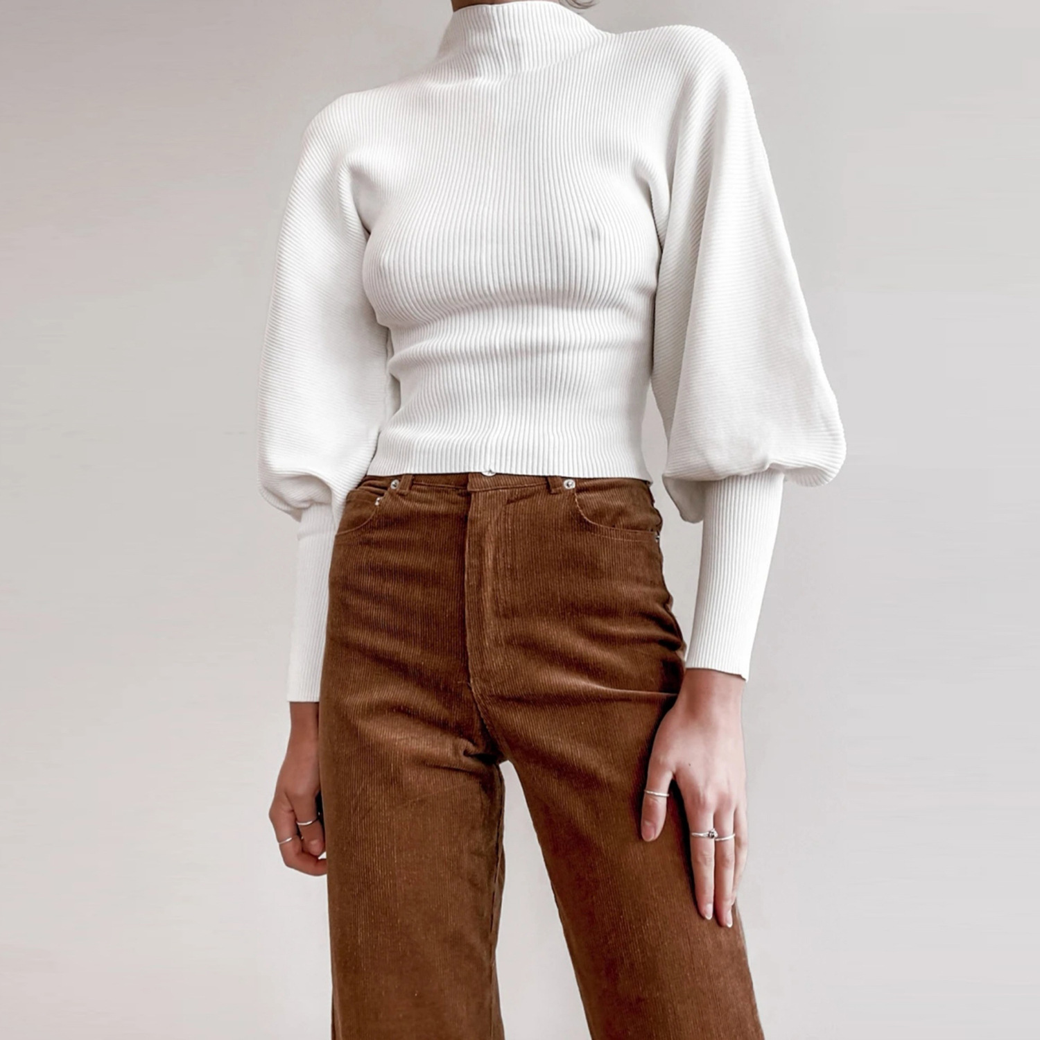 New Autumn And Winter Sweaters Women Hot Net Color Knitting Lantern Sleeve Long Sleeve Pullover High Collar Sweater in Sweaters