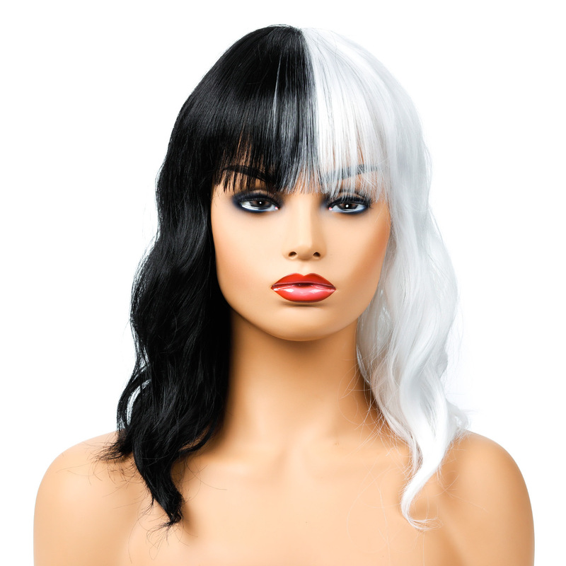 2021 Amazon European and American Wig Kuila Black and White Medium Long Curly Hair Chemical Fiber Headset Wig 2021 Amazon European and American Wig Kuila Black and White Medium Long Curly Hair Chemical Fiber Headset Wig
