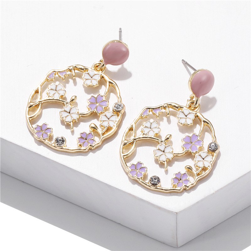 Korean New Color Flower Earrings Circle Geometric Zircon Earrings display picture 7