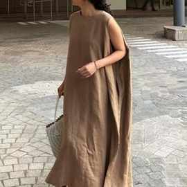 韩国2020春夏新款女装圆领无袖洋气侧面大皱褶口袋连衣裙