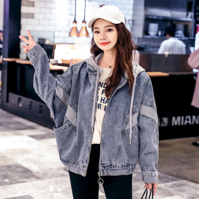 2020秋冬新款假两件连帽拼接学生牛仔外套女宽松休闲夹克春|ru