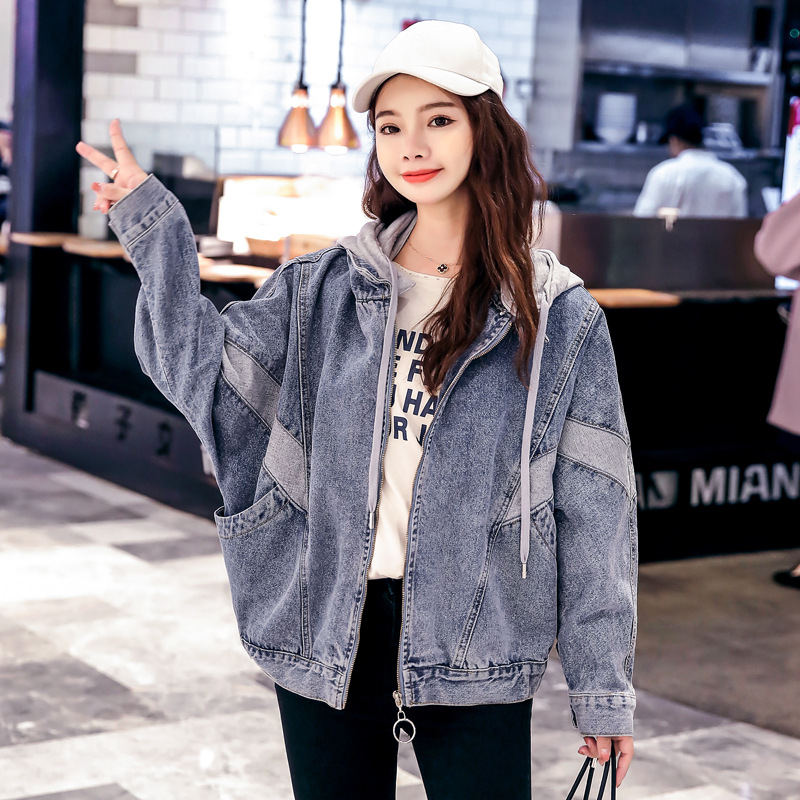 2020秋冬新款假两件连帽拼接学生牛仔外套女宽松休闲夹克春|ru