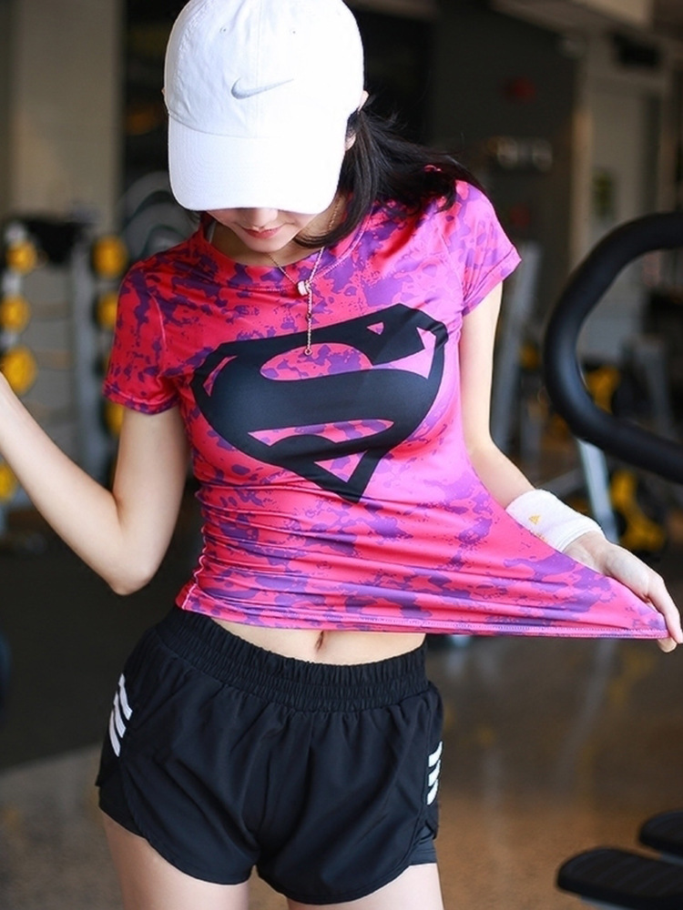超人健身衣女美国队长紧身运动短袖跑步速干半袖透气高弹上衣外穿
