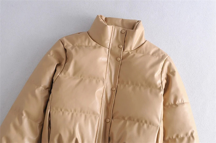 Damenbekleidung lässig einfarbig einfache Leder Baumwollkleidung für Damen Winter neue kleine Stehkragen Pu-Jacke_voghion.com