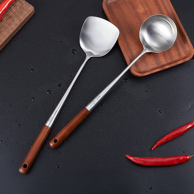 不鏽鋼廚師專用304炒勺 長柄飯店炒菜勺 花梨木長柄炒鏟炒勺
