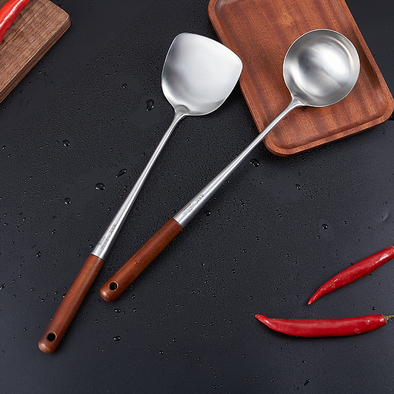 不鏽鋼廚師專用304炒勺 長柄飯店炒菜勺 花梨木長柄炒鏟炒勺