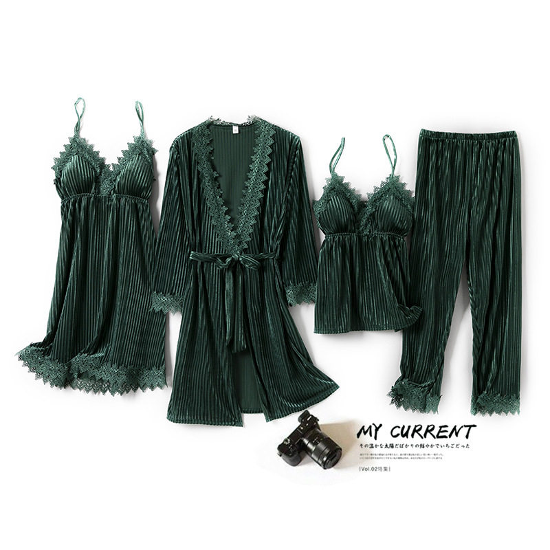 Golden Velvet Pajamas Women's Spring Autumn and Winter Four-piece Set Sexy Sling Nightgown Long-sleeved Nightgown with Chest Pad Home Clothes Set