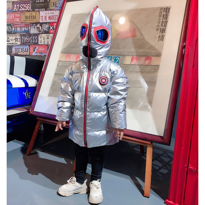 Mid length version children Down Jackets Children Chinese child Big boy Bright surface coat Boy girl Ultraman Lens Winter clothes