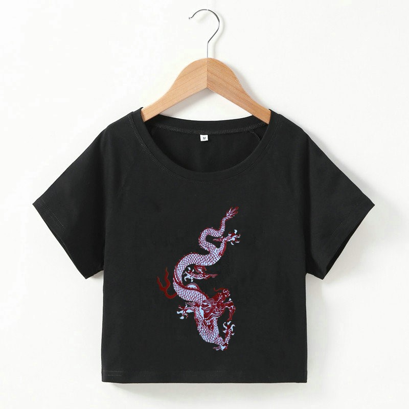 Dragon Print Slim Round Neck Short-Sleeved Cropped T-Shirt NSOSY111829