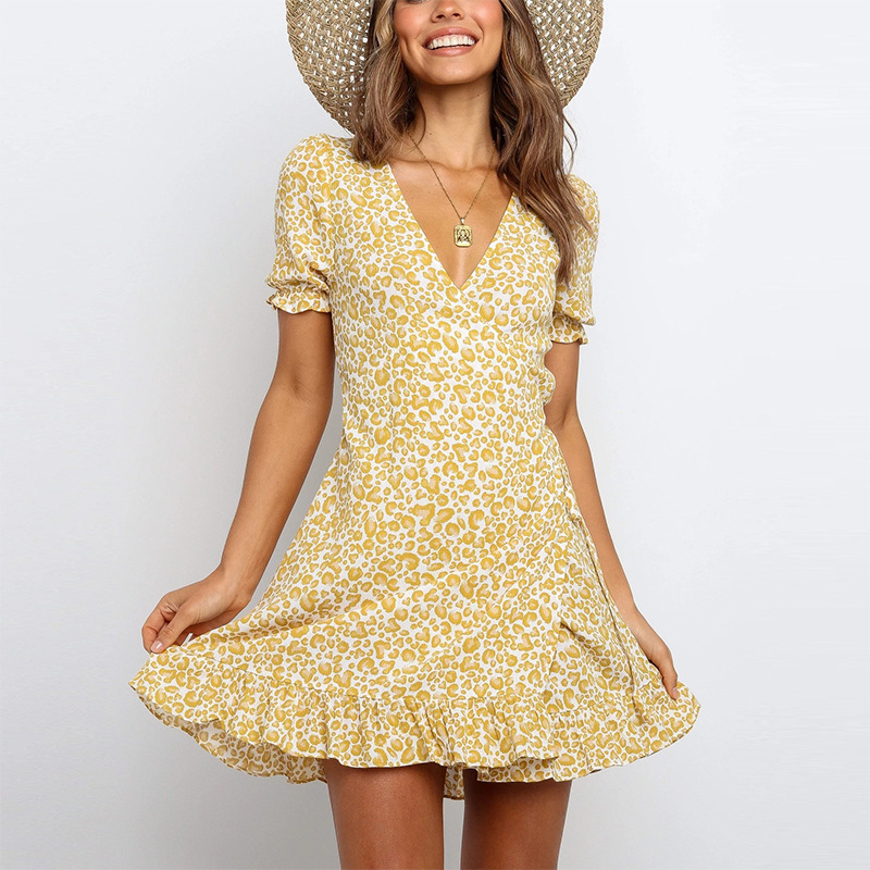 vacation style printed chiffon V-neck short-sleeved dress NSGE38876