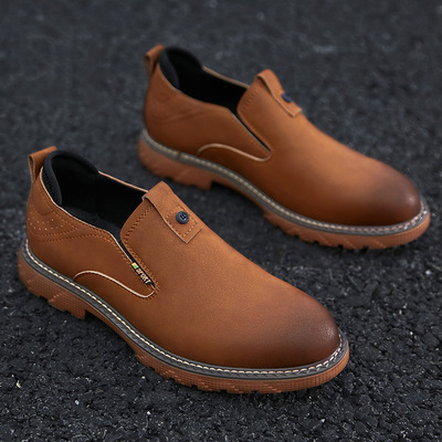 青年男鞋2020四季新款休闲皮鞋牛皮一脚蹬防滑耐磨懒人工装潮鞋
