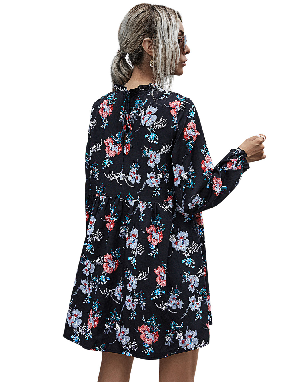 Black bottom printed floral small collar dress NSDF1857