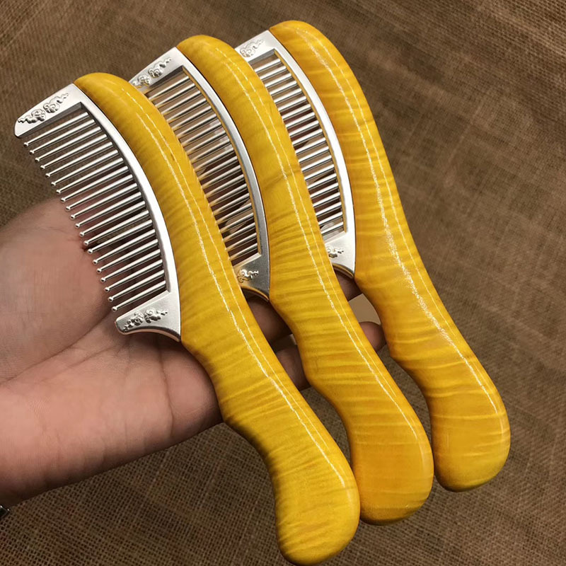 Small leaf red sandalwood silver comb nanmu electroplating silver comb red sandalwood carving Lotus plum blossom can be customized lettering logo