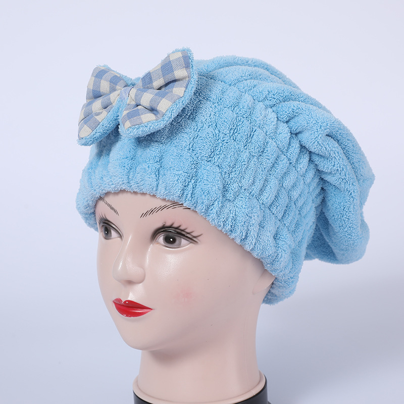 SHR-22珊瑚绒蝴蝶结干发帽蓝色