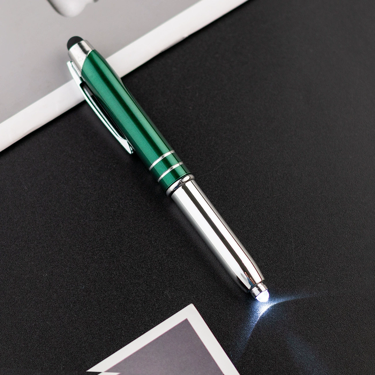 Metal LED universal ballpoint pen, bulb, three in one, wholesale