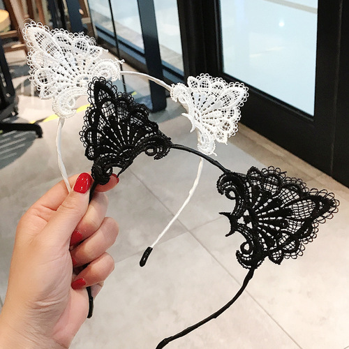 Black lace cat ear headband for women, cute, sweet and sexy headband, thin edge face wash scarf, Korean hairpin headdress
