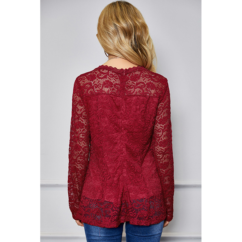 fashion red crochet hollow long-sleeved lace shirt top NSSA26008