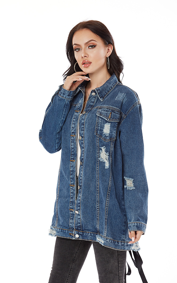 loose ripped long denim jacket   NSSY9498