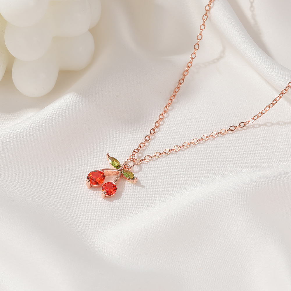 Sweet Diamond Small Cherry Exquisite Copper Inlaid Zircon Fruit Necklace display picture 5