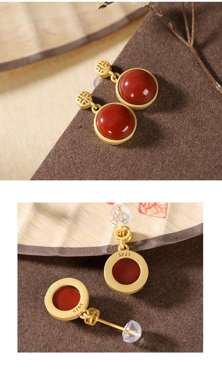 Bông tai nữ bạc S925 mạ vàng đính mã não đỏ và ngọc bích Hetian phong cách cổ điển — Kiểu Sapphire chi tiết 3