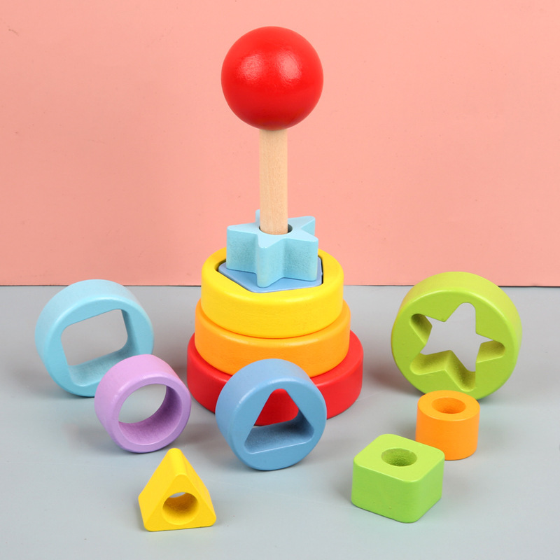 The manufacturer directly supplies wooden geometric rainbow Hanoi Tower children's early education puzzle color shape matching stacked circle toys