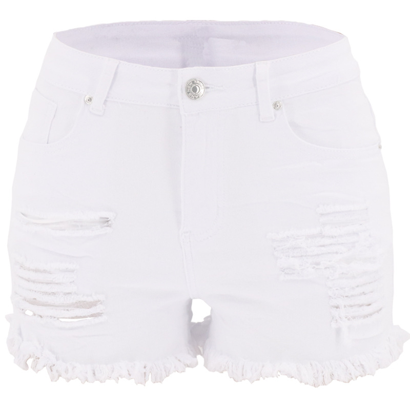 broken hole washed black and white high waist denim shorts NSYB65103