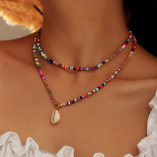 NZ1862跨境欧美饰品批发 波西米亚风彩色米珠项链 七彩贝壳颈链
