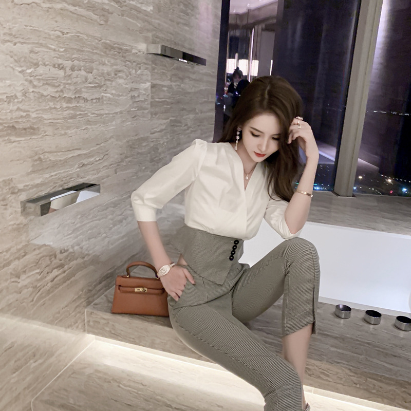 Bộ đồ houndstooth mùa hè nữ áo sơ mi phối quần ống nhỏ hai mảnh — Ca rô Houndstooth chi tiết 11