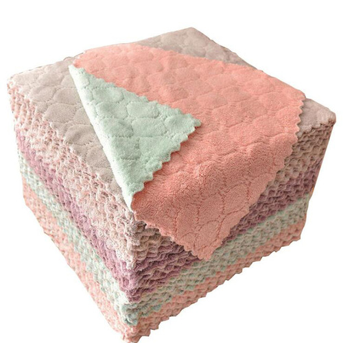 Double-sided thickened coral velvet household scouring pad, oil-free lazy rag, kitchen dish towel, composite water-absorbent cleaning