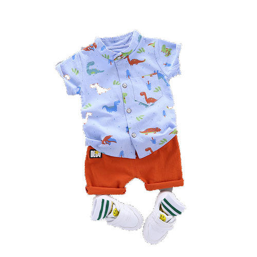 Summer children's clothing wholesale set dropshipping kids fashionable all-over printed dinosaur short-sleeved shirt and shirt set trendy