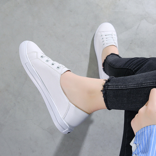 Heel shoes for women summer  new style shallow genuine leather white shoes for women flat bottom versatile basic two-wear sneakers