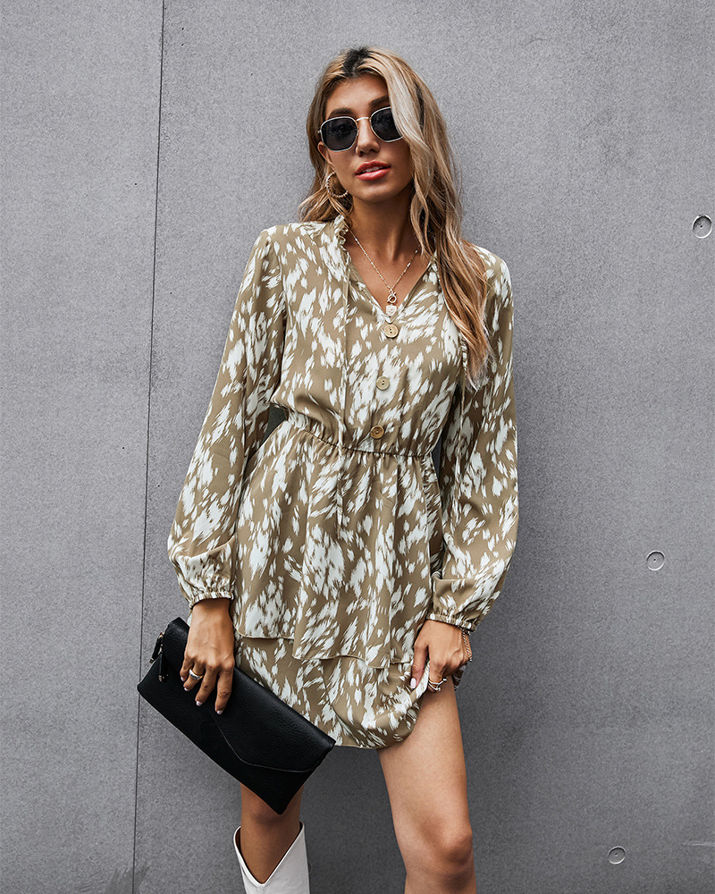  High Waist Print Short Skirt High Waist Long Sleeve Temperament Dress NSKA2856