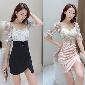 Lace patchwork waist bag， hip mid sleeve patchwork irregular dress