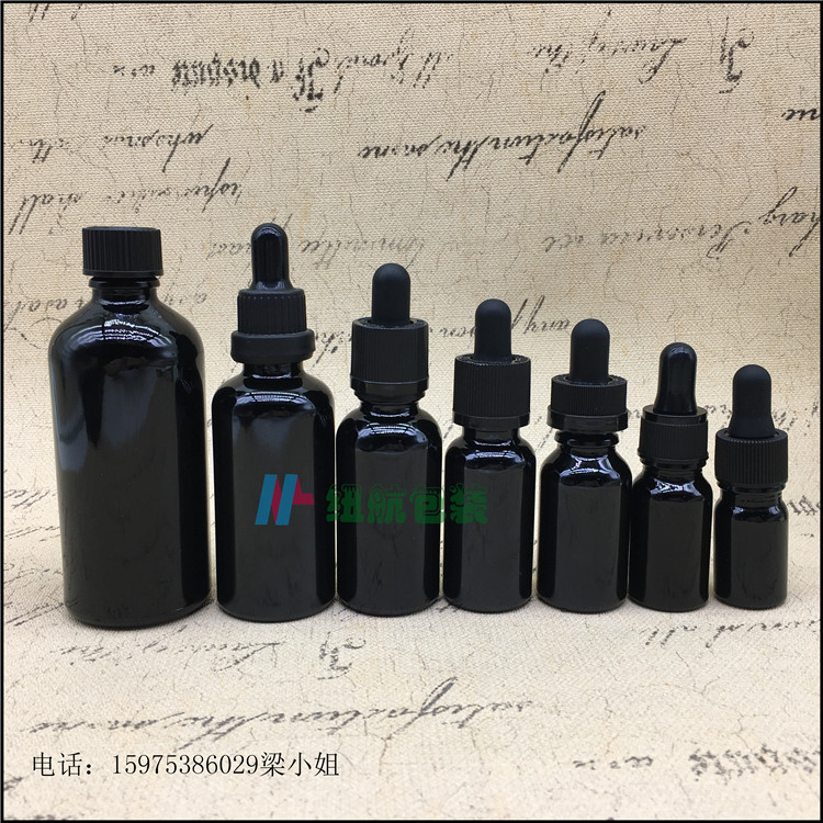 现货18牙黑色精油瓶51015203050100ml黑色原色本色玻璃瓶盖子