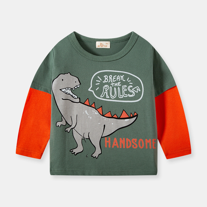 Ropa para niños Otoño Nuevo estilo coreano Camiseta de manga de dinosaurio camisa de fondo para niños de manga larga para niños superior entrega de una sola pieza de moda